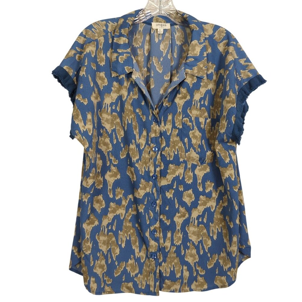 Blue & Tan Abstract Print Button-Up Short-Sleeve Shirt With Frayed Hem Details